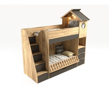Кровать Домик 2х ярусная с ограничителем и полками