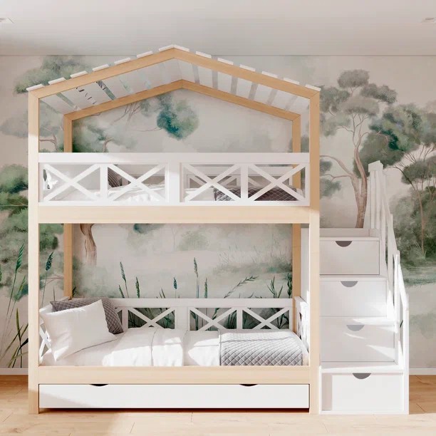 Кровать двухъярусная домик с лестницей комодом Simple Cross