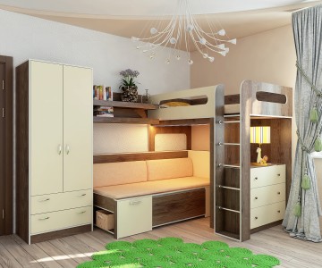 Кровать-чердак 24 +кровать со спинкой ФТ-03 + полка ФТ 12 + шкаф 13/3 + комод 