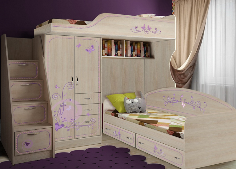 Двухъярусная кровать + тумба-лестница "Фанки Кидз Лилак".