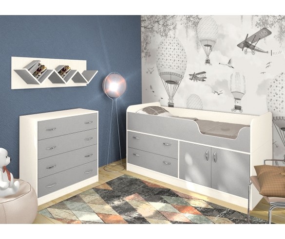 Детская низкая кровать-чердак для мальчика, 160х70 см "Фанки Кидз 9" + комод 13/5СВ + полка 13/11СВ (Азбука Мебели) Дуб Кремона/Голубой