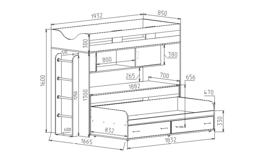 Кровать-чердак "Фанки Кидз-22" + кровать 13/53СВ + стол письменный 13/58 СВ + лестница-комод 13/8 СВ(Азбука мебели) 