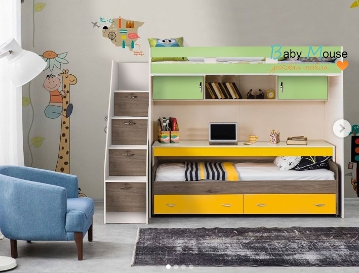 Кровать-чердак "Фанки Кидз-22" + кровать 13/53СВ + стол письменный 13/58 СВ + лестница-комод 13/8 СВ(Азбука мебели) 