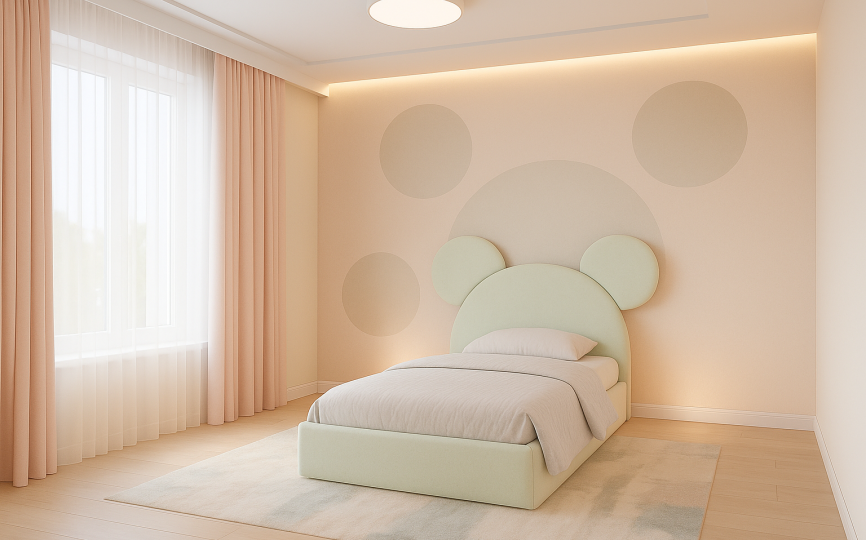 Кровать мягкая Микки, изголовье с ушками