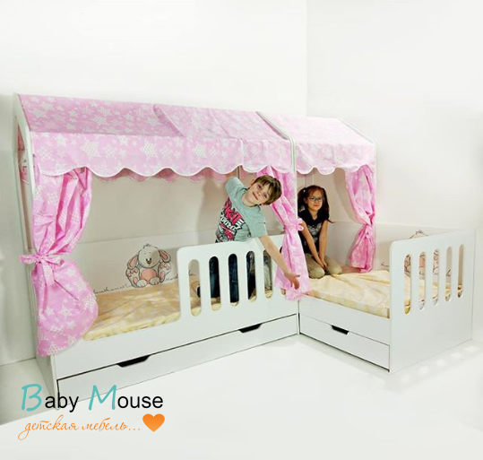 Домик кроватка Сказка для двух детей 160х80, ДС-1/1 белая + ДС 15/1 белая