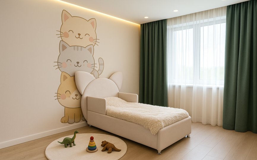 Кровать мягкая Китти, изголовье с ушками