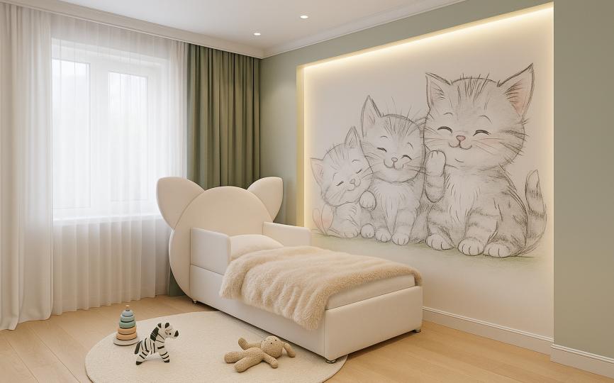 Кровать мягкая Китти, изголовье с ушками