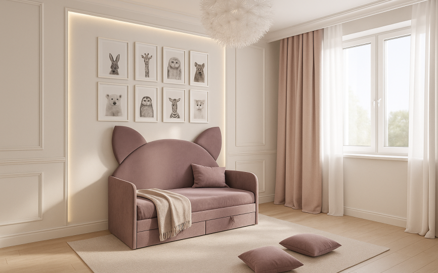 Кровать диван Котя с высокой спинкой с ушками