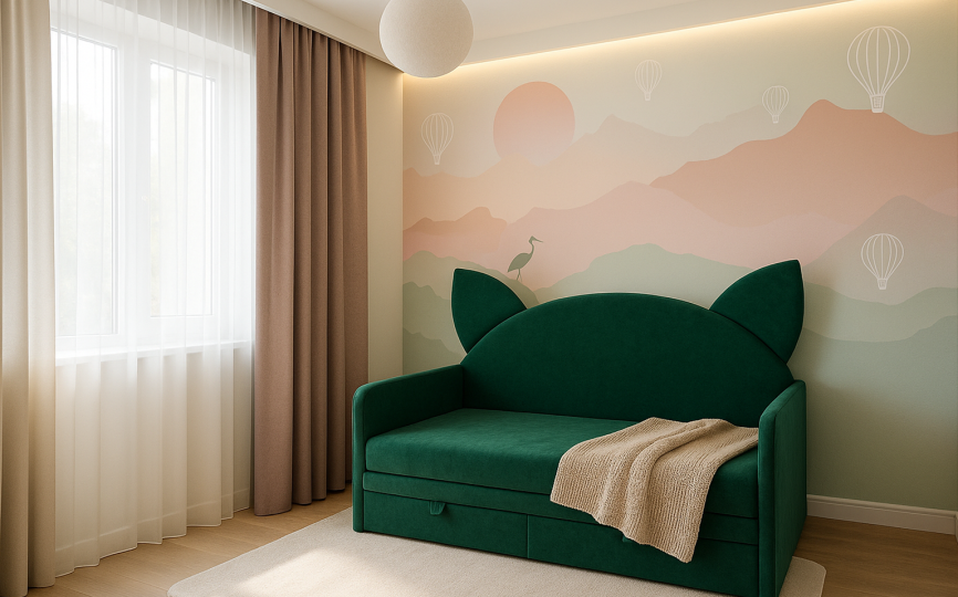 Кровать диван Котя с высокой спинкой с ушками