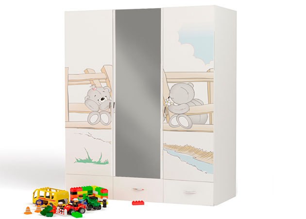 Шкаф 3-х дверный "Bears" с зеркалом белый с мишками 