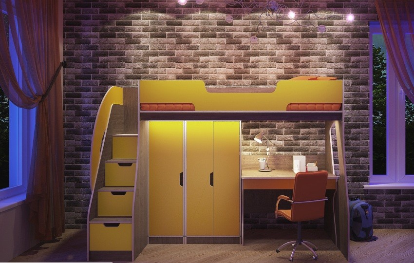 Кровать чердак  23/1 +со шкафом 23/4 + шкаф 23/5 + стол 23/3  Фанки Кидз.