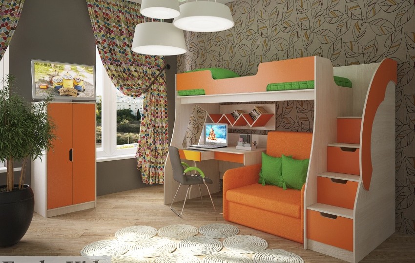 Кровать чердак 23/1 + кресло бланес 3 + стол 23/3СВ + шкаф 23/4СВ + полка 13/11СВ Фанки Кидз.