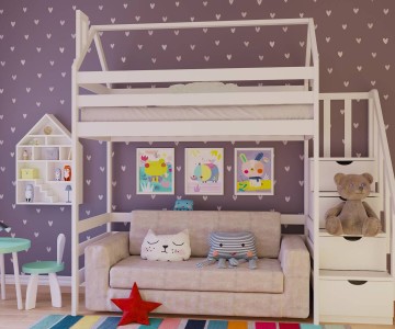 Кровать чердак домик Эко-14 с лестницей комодом