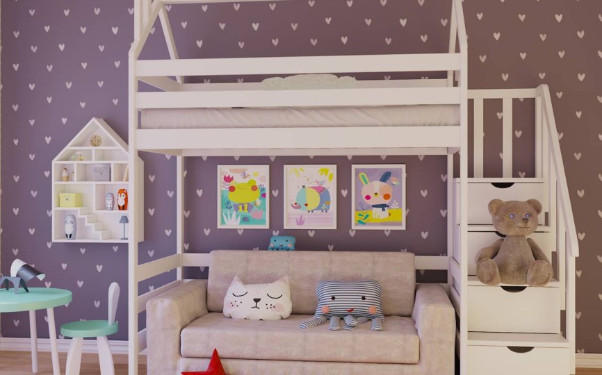 Кровать чердак домик Эко-14 с лестницей комодом