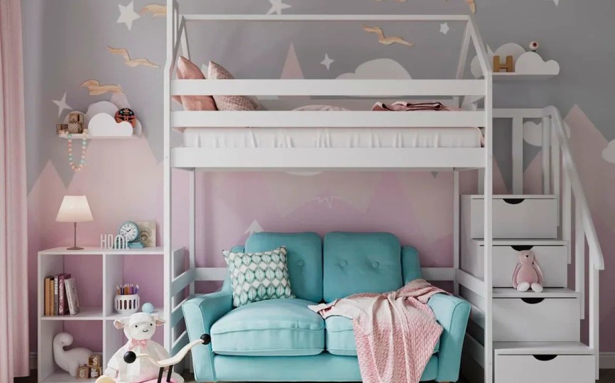 Кровать чердак домик Эко-14 с лестницей комодом