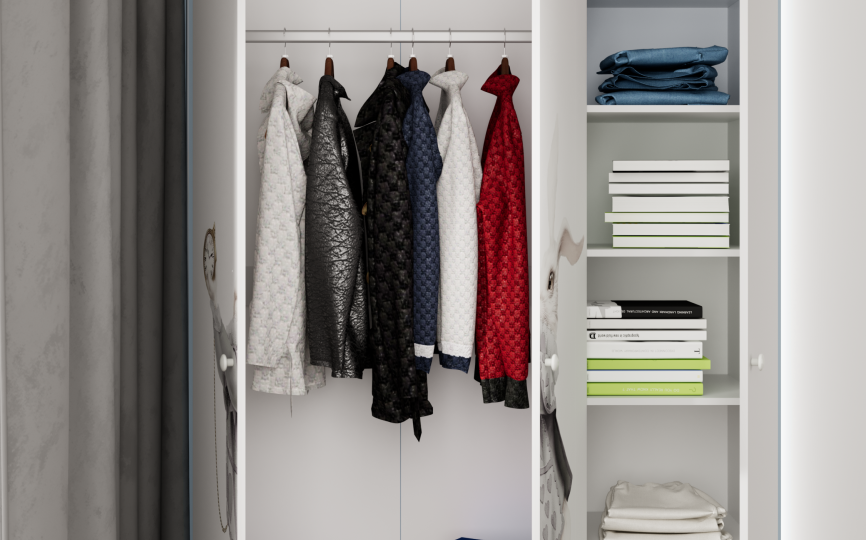 Шкаф трехдверный Алиса, штанга и полки, серый шелк