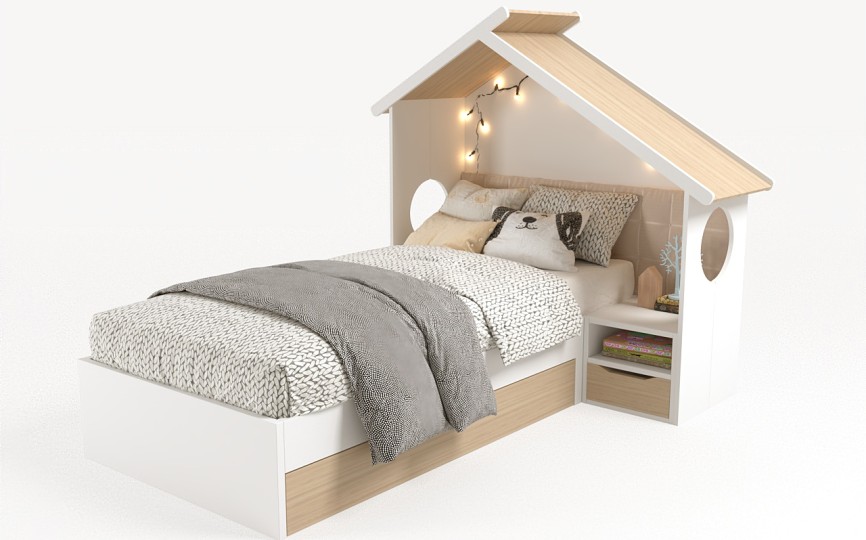 Кровать Домик белый с тумбой, без мягкой спинки 