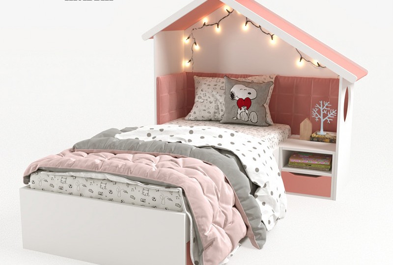 Кровать Домик белый с тумбой, без мягкой спинки 