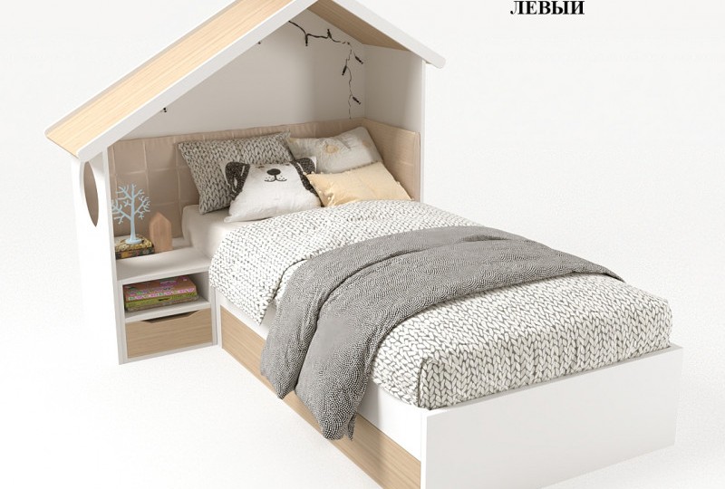 Кровать Домик белый с тумбой, без мягкой спинки 