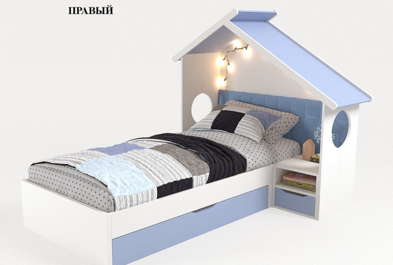 Кровать Домик белый с тумбой, без мягкой спинки 