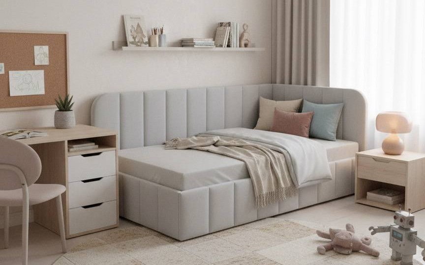 Кровать тахта Стич 180*80, изголовье справа, ткань Тедди 313