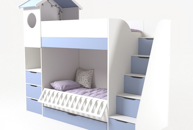 Кровать Домик белый 2х ярусная с ограничителем и полками 