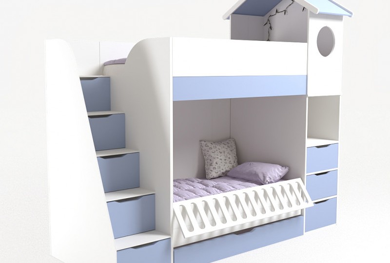 Кровать Домик белый 2х ярусная с ограничителем и полками 