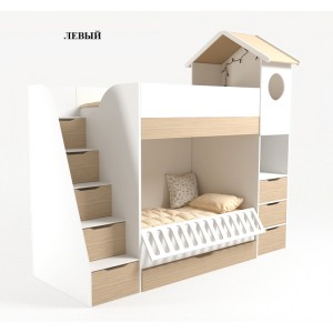 Кровать Домик белый 2х ярусная с ограничителем и полками 