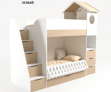 Кровать Домик белый 2х ярусная с ограничителем и полками 