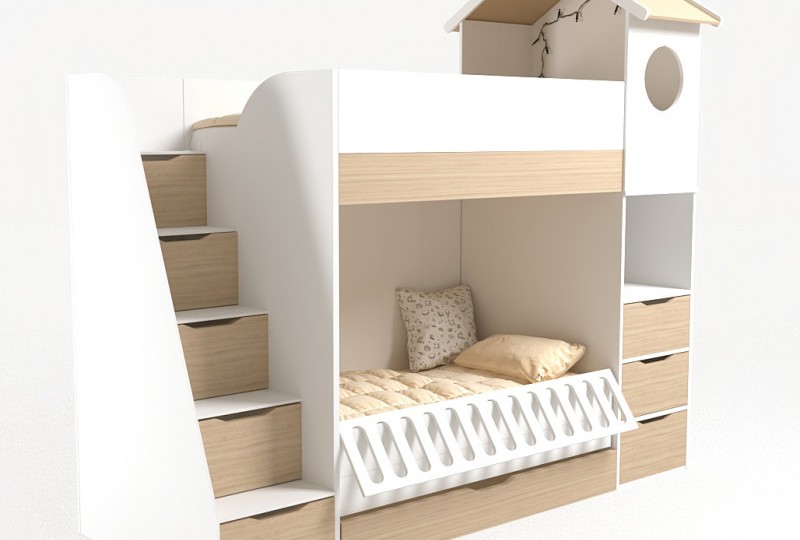 Кровать Домик белый 2х ярусная с ограничителем и полками 