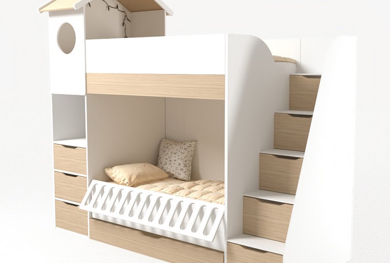 Кровать Домик белый 2х ярусная с ограничителем и полками 