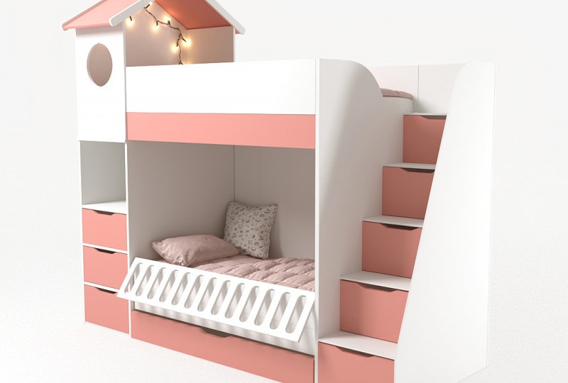 Кровать Домик белый 2х ярусная с ограничителем и полками 