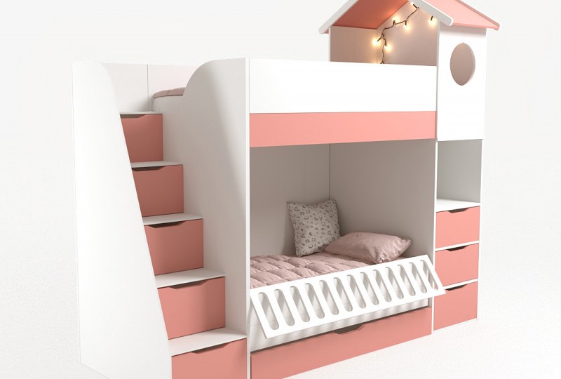 Кровать Домик белый 2х ярусная с ограничителем и полками 