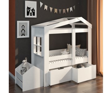 Кровать домик Сказка высокая с ящиками (белая) ДС-36/1/1