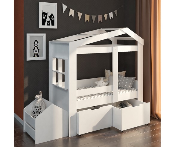 Кровать домик Сказка высокая с ящиками (белая) ДС-36/1/1
