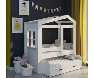 Кровать домик Сказка высокая выдвижная (белая) ДС-36/1/1