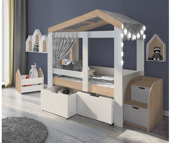 Кровать домик Сказка высокая с ящиками (цветная) ДС-36/1/2
