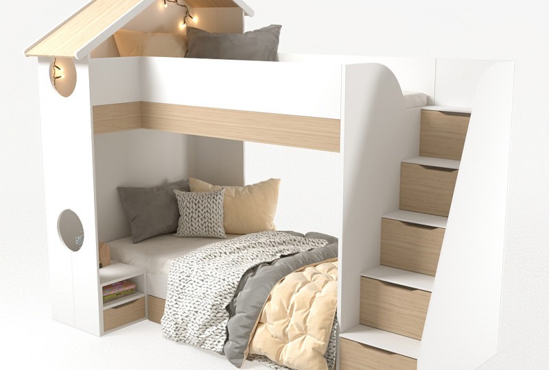 Кровать Домик белый  2х ярусная с тумбой