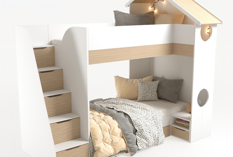 Кровать Домик белый  2х ярусная с тумбой