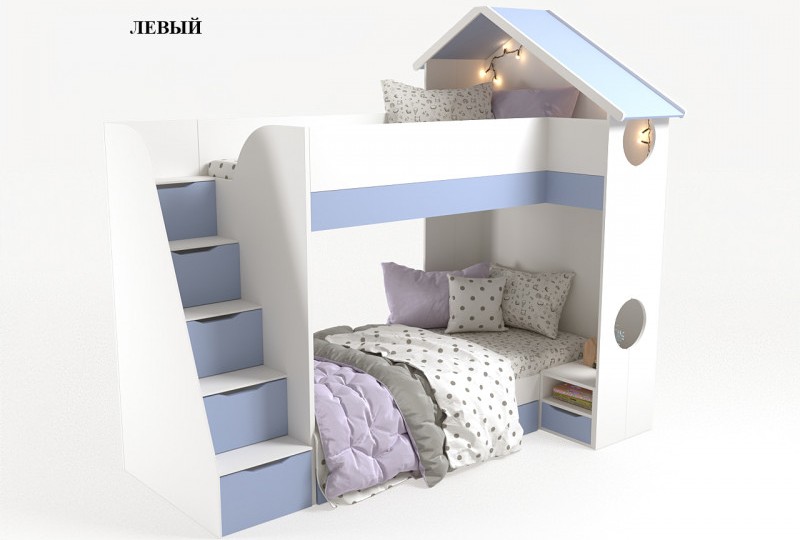 Кровать Домик белый  2х ярусная с тумбой