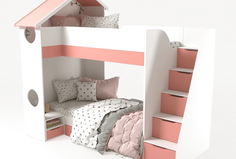 Кровать Домик белый  2х ярусная с тумбой