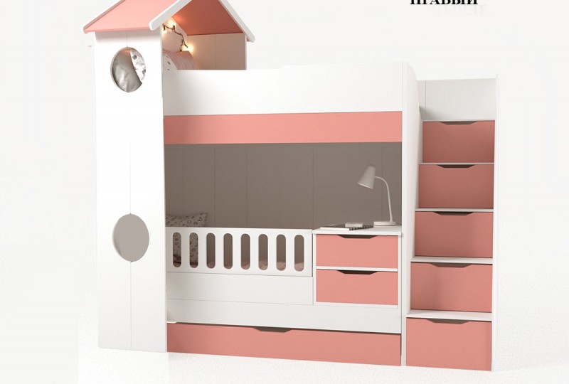 Кровать трансформер Домик белый 2х ярусная с ограничителем без тумбы