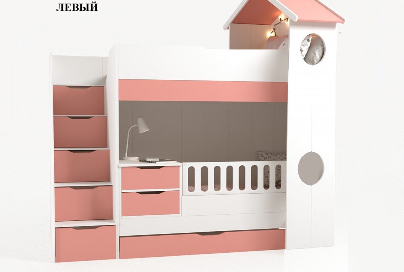 Кровать трансформер Домик белый 2х ярусная с ограничителем без тумбы