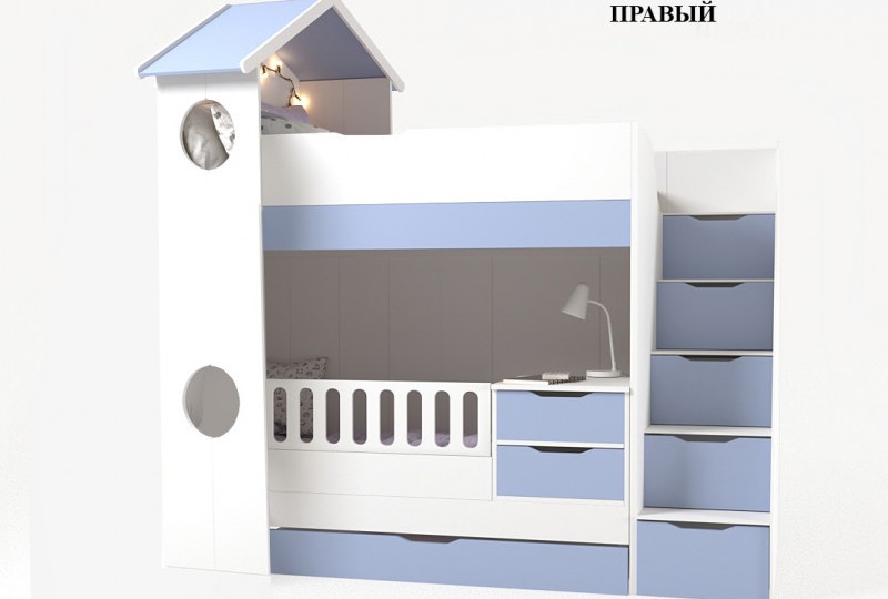 Кровать трансформер Домик белый 2х ярусная с ограничителем без тумбы