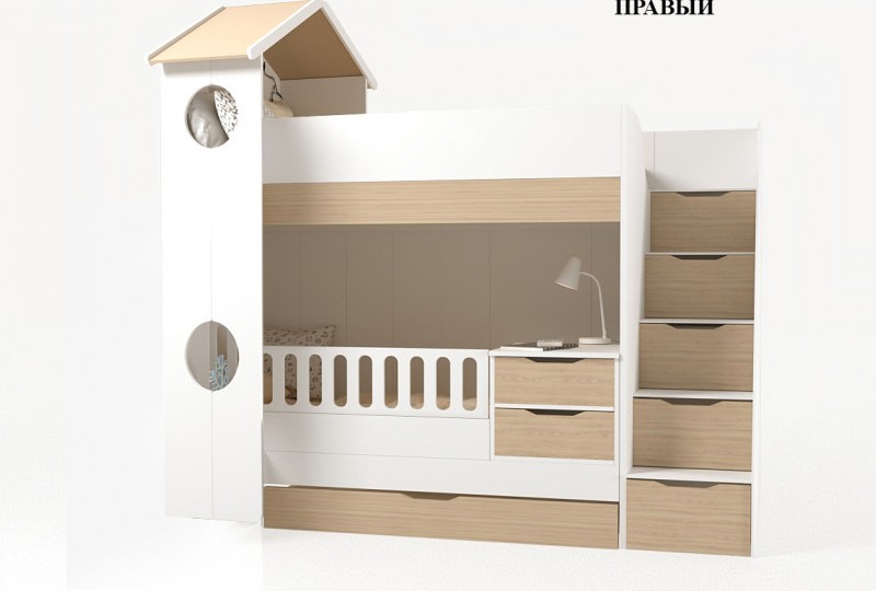 Кровать трансформер Домик белый 2х ярусная с ограничителем без тумбы