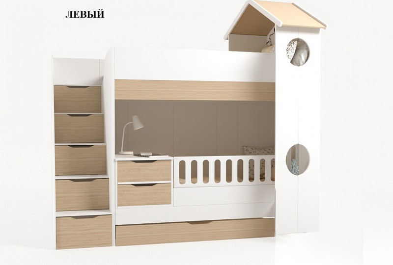 Кровать трансформер Домик белый 2х ярусная с ограничителем без тумбы