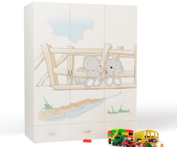 Шкаф 3-х дверный "Bears" белый с мишками