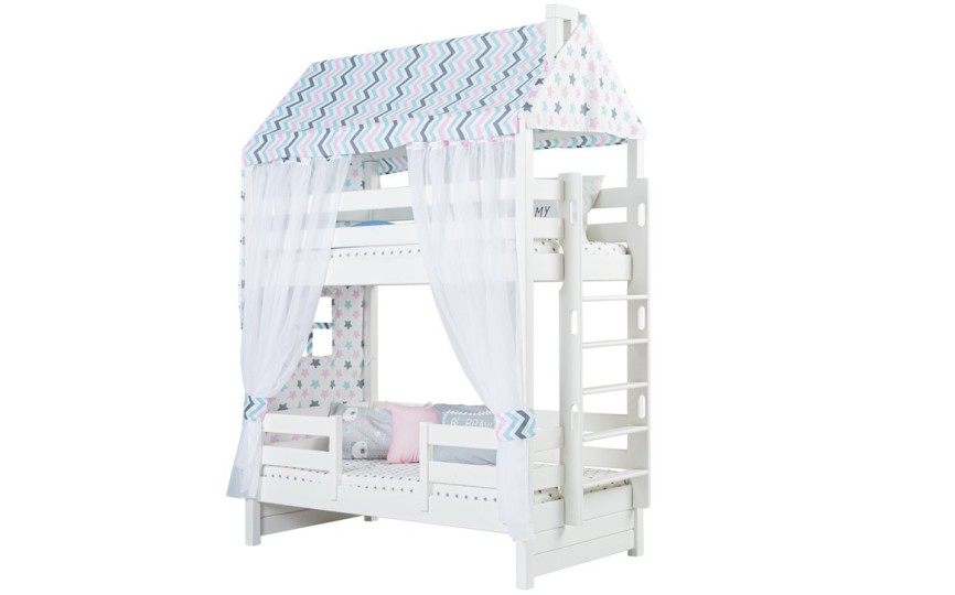Кровать двухъярусная с продольной крышей, лестница с торца Тимберика Кидс N16