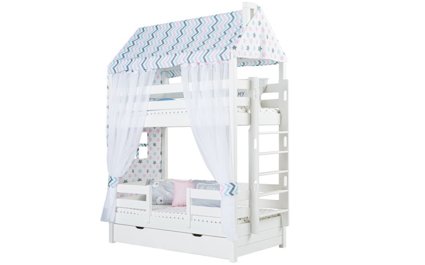 Кровать двухъярусная с продольной крышей, лестница с торца Тимберика Кидс N16