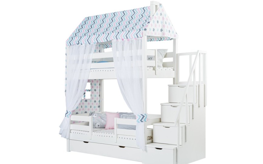 Кровать двухъярусная с продольной крышей, с лестницей-комодом Тимберика Кидс N18